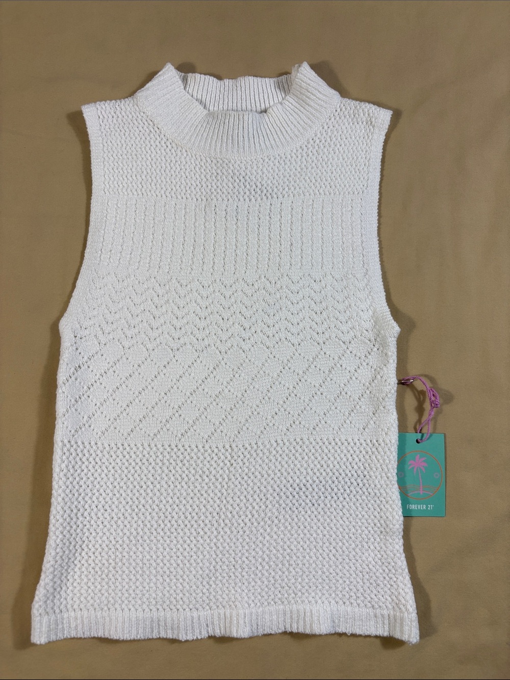 Forever 21 White Pointelle Knit Mock Neck Sweater Top Sleeveless Shell Med NWT